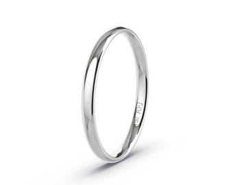 18K Solid Gold 2mm White Gold Polished Mens Womens Comfort Fit Dome Wedding Band
