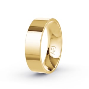 May include: A polished gold band ring with a flat surface. The ring has a smooth, reflective finish and is stamped with "AFJ" and "585" on the inside. The ring is a classic design.