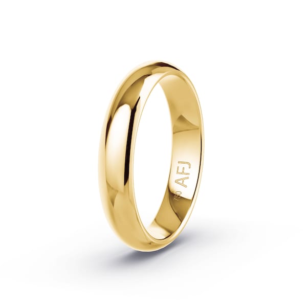 18K Solid Gold 4mm Yellow Gold Mens Womens Comfort Fit Dome Wedding Band