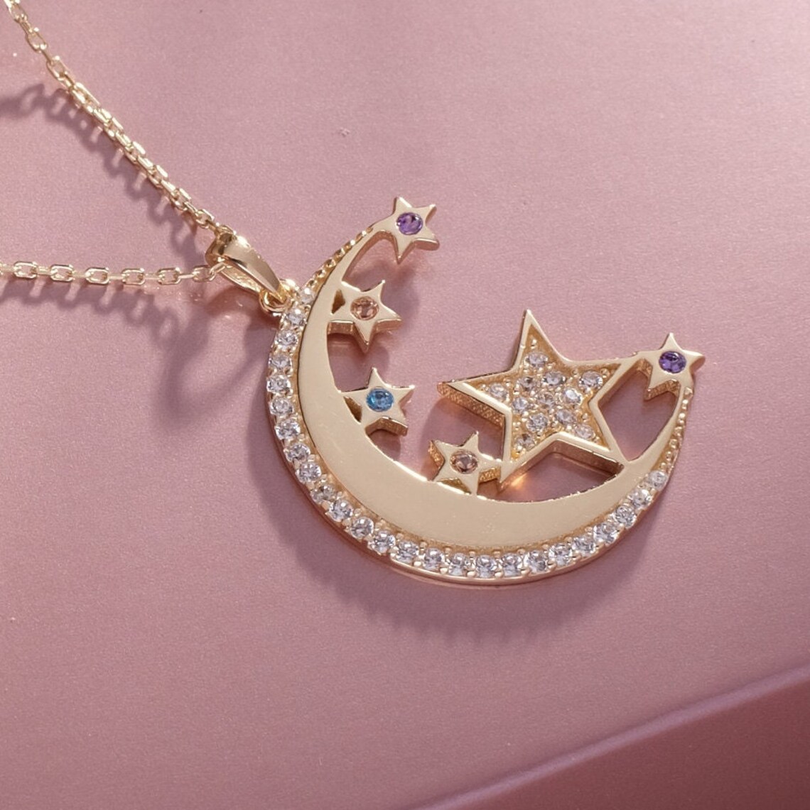 Crescent Moon and Stars Necklace 14k Gold Moon Pendant - Etsy