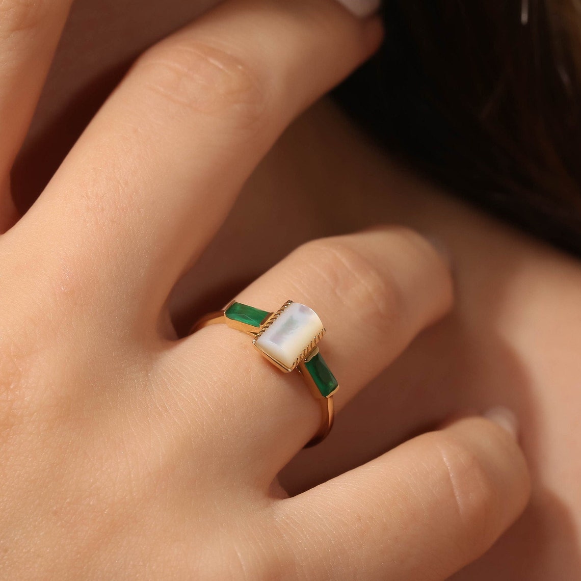 Art Deco Dome White Mother of Pearl and Emerald Ring image 1