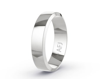 14K Solid Gold 5mm White Gold Polished Beveled Mens Womens Comfort Fit Wedding Band