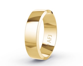 May include: A polished gold ring with a flat top and beveled edges. The ring has the markings "585 AFJ" engraved on the inside. The ring is a simple, elegant design.