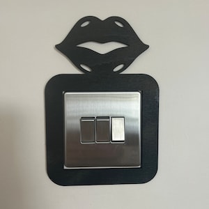 Puede incluir: Una cubierta decorativa de madera negra para interruptores de luz con una placa de interruptores de acero inoxidable. La cubierta tiene la forma de un par de labios sobre la placa del interruptor. La placa del interruptor tiene tres interruptores rectangulares.