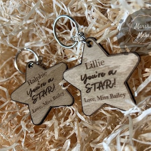 Keyring Gifts, Teacher Pupil Gift, Personalised Wooden Star, Leaving Present From Teacher