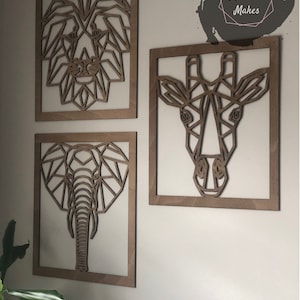 Safari Wooden Wall Art, Geometric, Elephant, Giraffe,Lion, Set of 3, Wall Decor