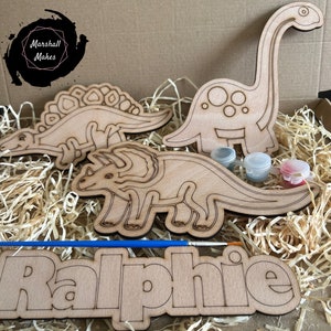 Dinosaur gift for children, paint your own name, birthday gift for children, craft kit for children, personalised dinosaur gift box