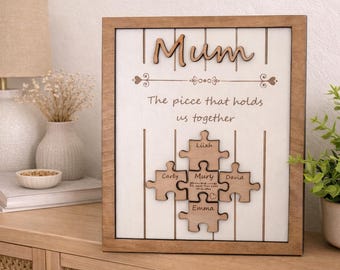 Letrero de rompecabezas para mamá, regalo para el Día de la Madre, letrero de madera grabado personalizado, pieza que nos une, regalo para la abuela, personalizado y único.