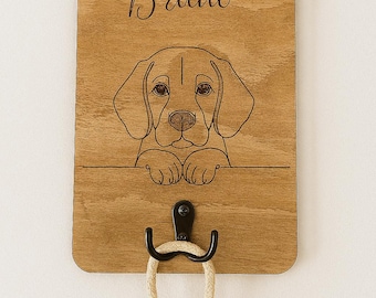 Personalized Wooden Dog Leash Holder, Engraved Pet Name, Rustic Wall Decor