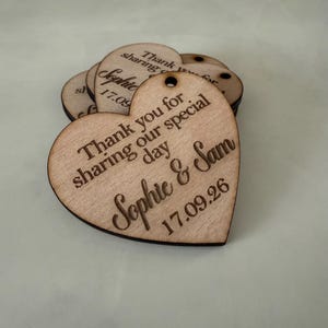 Wooden Wedding Hearts, Personalised Thank You Favour Tags, Personalised Heart Favour Tags, Engraved Rustic Favour Gift Tags