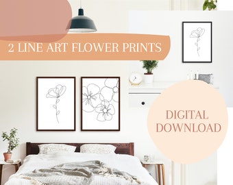 2 Flower Line Art Prints / Wall Art / Impression / art mural / home decor / moderne, boho, minimal, clean design / Ligne Art / fleurs