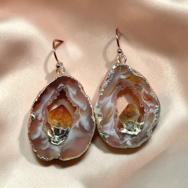 Large Geode Pendant Earrings – Raw Shiny Pretty Crystal Drop Druzy Mismatched Jewelry,Bold Statement Modern Unique Design