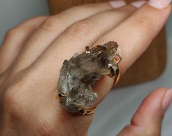 Smoky quartz ring,Bold statement ring,Raw smoky quartz ring,Raw crystal ring,Raw gemstone ring,Large crystal ring,Large gemstone ring