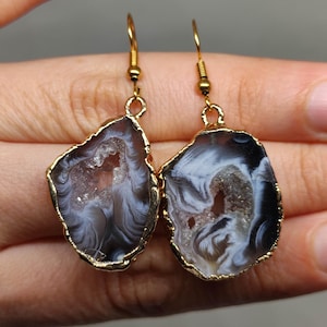 Geode earrings dangle,Black stone earrings,Black crystal earrings,Raw crystal earrings,Big stone earrings,Gift for her, Gemstone earrings