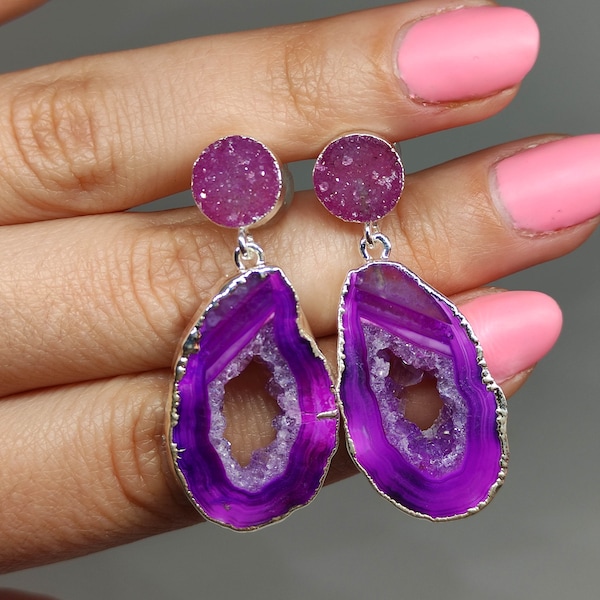 Geode earrings dangle, Pink stone earrings,Pink crystal earrings,Raw crystal earrings,Big stone earrings,Gift for her, Gemstone earrings