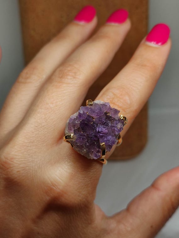 Raw Amethyst Ring,large Modern Ring,raw Crystal Ring,raw Crystals - Main Image