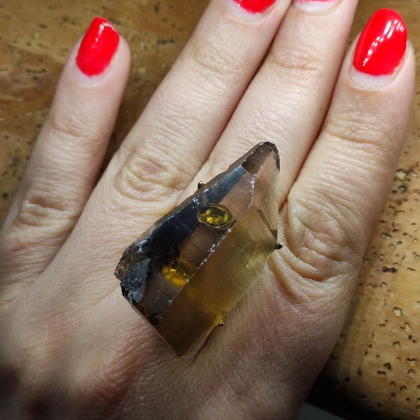 Smoky quartz ring,Large smoky quartz ring,Raw smoky quartz ring,Raw stone ring,Large crystal ring,Raw gemstone ring