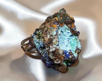 Azurite with Malachite Ring,Chessylite ring, Raw mineral ring,Chunky gemstone ring,Large statement ring,Raw crystal ring,Raw gemstone ring