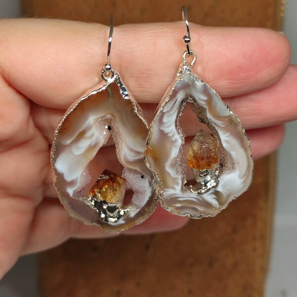 Raw Crystal Geode Earrings:Silver filled Druzy Unique Drop Earrings
