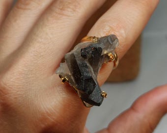 Smoky quartz ring,Large gemstone ring,Adjustable quartz ring,Raw stone ring,Large crystal ring,Handmade unique gemstone ring,Statement ring