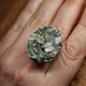 Raw Pyrite Ring – Large Crystal Gemstone, Unique Modern Chic Adjustable Statement Design for Prosperity