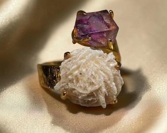 Raw Amethyst Selenite Rose Statement Ring – Unique Modern Duo Stone Jewelry,Crystal Gemstone Pretty Cocktail Design