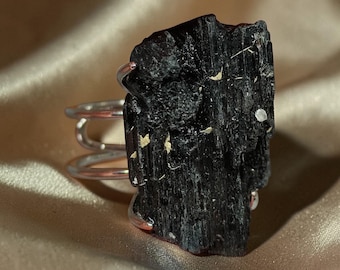 Raw Black Tourmaline Ring – Large Unique Crystal October Birthstone Jewelry,Chunky Trendy Stone Bold Statement Design