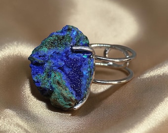 Raw Azurite Ring – Chessylite Raw Mineral, Chunky Statement Stone Gemstone Crystal Jewelry,Adjustable Handmade Design