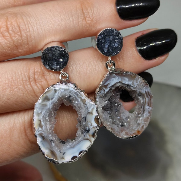 Geode earrings dangle,Black stone earrings,Black crystal earrings,Raw crystal earrings,Big stone earrings,Gift for her, Gemstone earrings