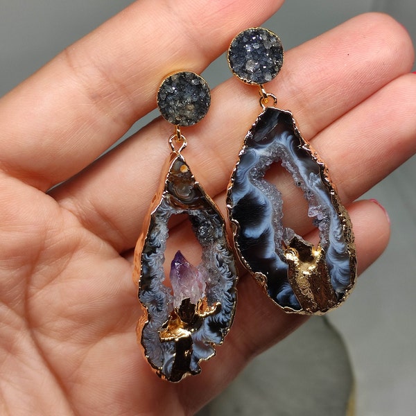 Geode earrings,40th birthday gifts for women,Druzy earrings,Raw stone earrings,Sparkly earrings,Modern earrings,Raw gemstone earring