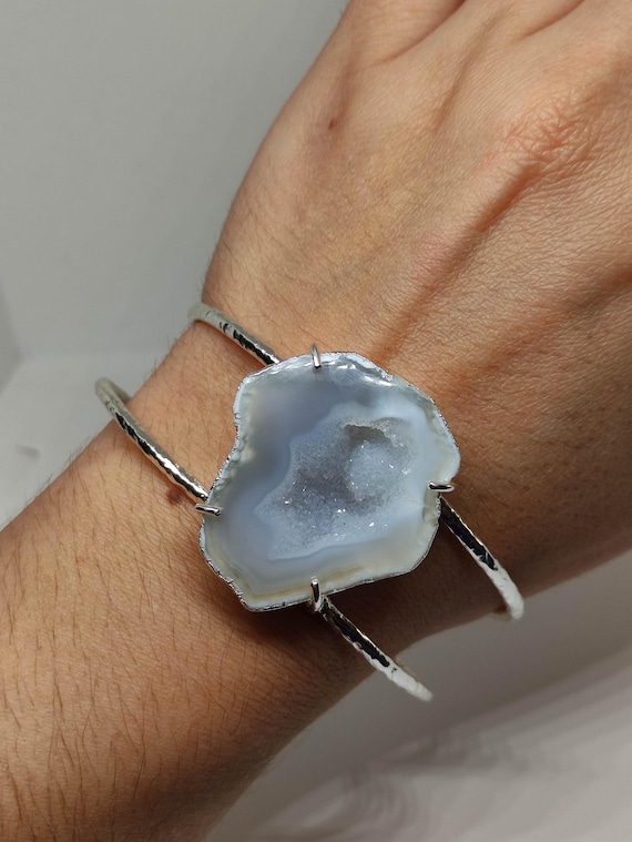 Geode bracelet Raw stone bracelet Gemstone bangle Bracelet large charms Extra large silver bracelet Real crystal bracelet Handmade bracelet