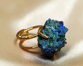 Azurite with Malachite Ring,Chessylite ring, Raw mineral ring,Chunky gemstone ring,Large statement ring,Big cocktail ring,Unique handmade