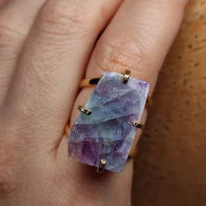 Raw fluorite ring,Rainbow fluorite ring,Raw gemstone ring,Large fluorite ring,Large statement ring,Healing crystal ring,Big stone ring