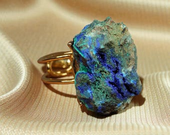 Raw Azurite Malachite Chessylite Ring – Chunky Mineral Gemstone Jewelry,Unique Modern Large Crystal Statement Design