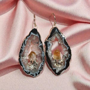 Large Silver-Filled Geode Statement Earrings - Bold Unique Modern Chic Raw Crystal Gemstone Jewelry