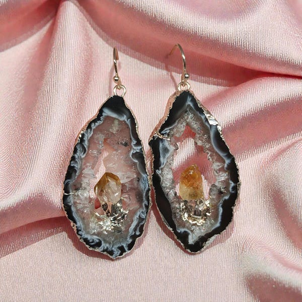 Large Silver-Filled Geode Statement Earrings - Bold Unique Modern Chic Raw Crystal Gemstone Jewelry