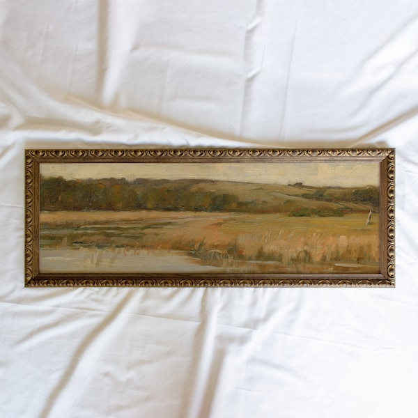 Hill and Marshland #178 | 10x30 inch Panoramic Vintage Framed Wall Art Paintings | Antique Art Prints | Vintage Landscape Painting Framed