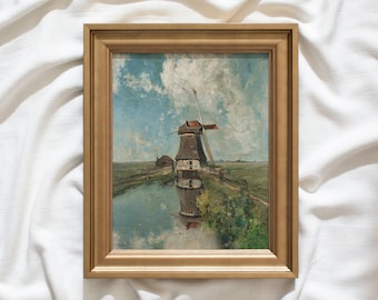 Molino de viento n.° 278 / Pinturas de pared enmarcadas antiguas / Láminas de arte antiguas / Pintura de paisaje vintage enmarcada / Obra de arte de campo y pradera