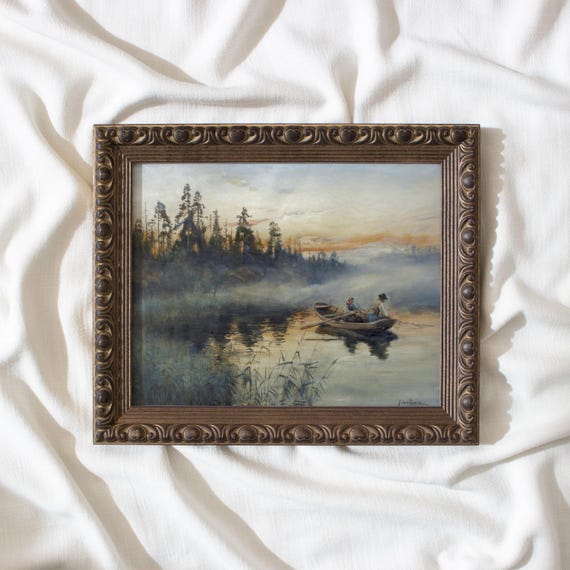 Framed Lake Fishing Wall Art, Vintage Nature Print with Boat Scene, Rustic Cabin Decor, Gift for Dad, Misty Landscape Art, Still Waters #422
