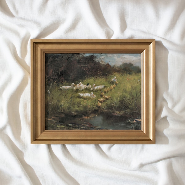 Ducks on the Waterfront #255 | Framed Vintage Art Prints | Landscape Painting | Antique Wall Art | Vintage Artwork | Handmade Gold Frame