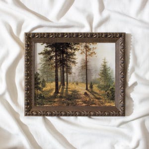 May include: A framed landscape painting depicting a forest scene with tall trees and sunlight filtering through the branches. The frame is a dark brown color with ornate detailing. The artwork evokes a sense of tranquility and natural beauty.