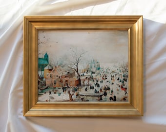 Vintage Christmas art print FRAMED, antique holiday wall art, festive holiday art print, winter landscape painting, snowy iceskating scene