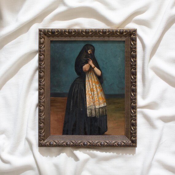 Framed Vintage Spanish Portrait, Moody Old World Art Print, Antique Woman Painting, Dark Academia Wall Art, Historical Wall Decor #104