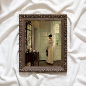Vintage Interior Portrait Print, Framed Woman Painting Antique Wall Art, Moody Cottagecore Decor, Old World Artwork, Ida in White Dress #225