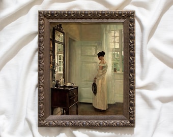 Vintage Interior Portrait Print, Framed Woman Painting Antique Wall Art, Moody Cottagecore Decor, Old World Artwork, Ida in White Dress #225