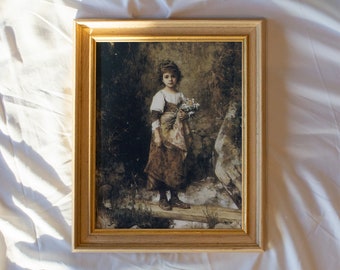 Una niña campesina #205 / Pinturas de arte de pared enmarcadas vintage / Impresiones de arte antiguo / Pintura de retrato vintage enmarcada / Pintura al óleo vintage