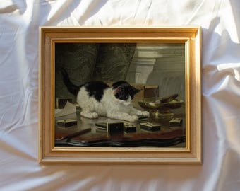 vintage wall art prints framed, antique replica painting, antique portrait print, vintage cat wall print, vintage decor, framed print