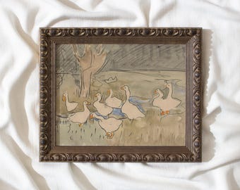 Ducks #321, vintage animal nursery art prints framed, gold framed vintage wall art duck sketch printed, antique baby room painting artwork