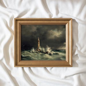 antique lighthouse painting, framed fine art print, vintage landscape painting, wall art prints, stormy ocean waves framed art print #101
