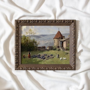 Framed Vintage Countryside Landscape Painting, Old World Style Wall Art #436